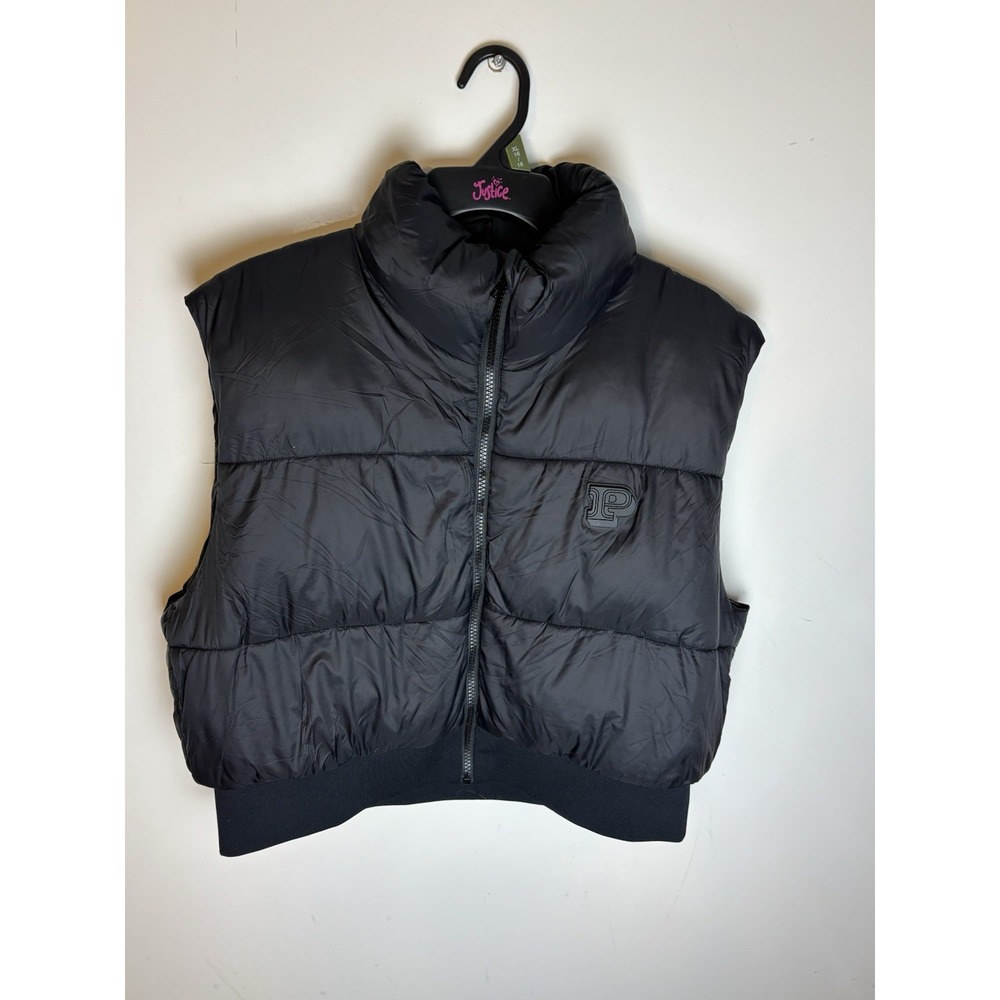 PINK Victoria's Secret Puffer Vest Women XL Black Cropped Quilted Zip Up